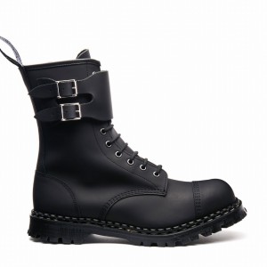 Solovair Greasy 10 Eye Steel Toe Capped Zip Twin Strap Derby Støvler Herre Sort | GF10-1982-BG-ZIP-045