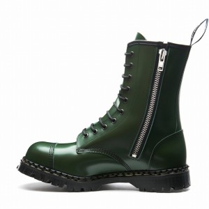 Solovair Hi-Shine 10 Eye Steel Toe Capped Zip Derby Støvler Herre Grøn | GF10-1980-GN-ZIP-035