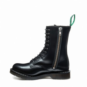 Solovair Hi-Shine 11 Eye Zip Derby Støvler Dame Sort | S11-981-BK-ZIP-G-030