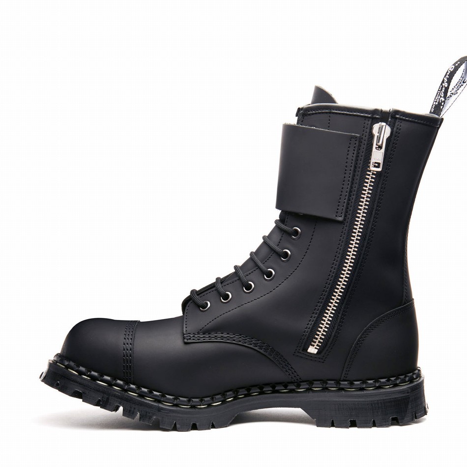 Solovair Greasy 10 Eye Steel Toe Capped Zip Twin Strap Derby Støvler Herre Sort | GF10-1982-BG-ZIP-045