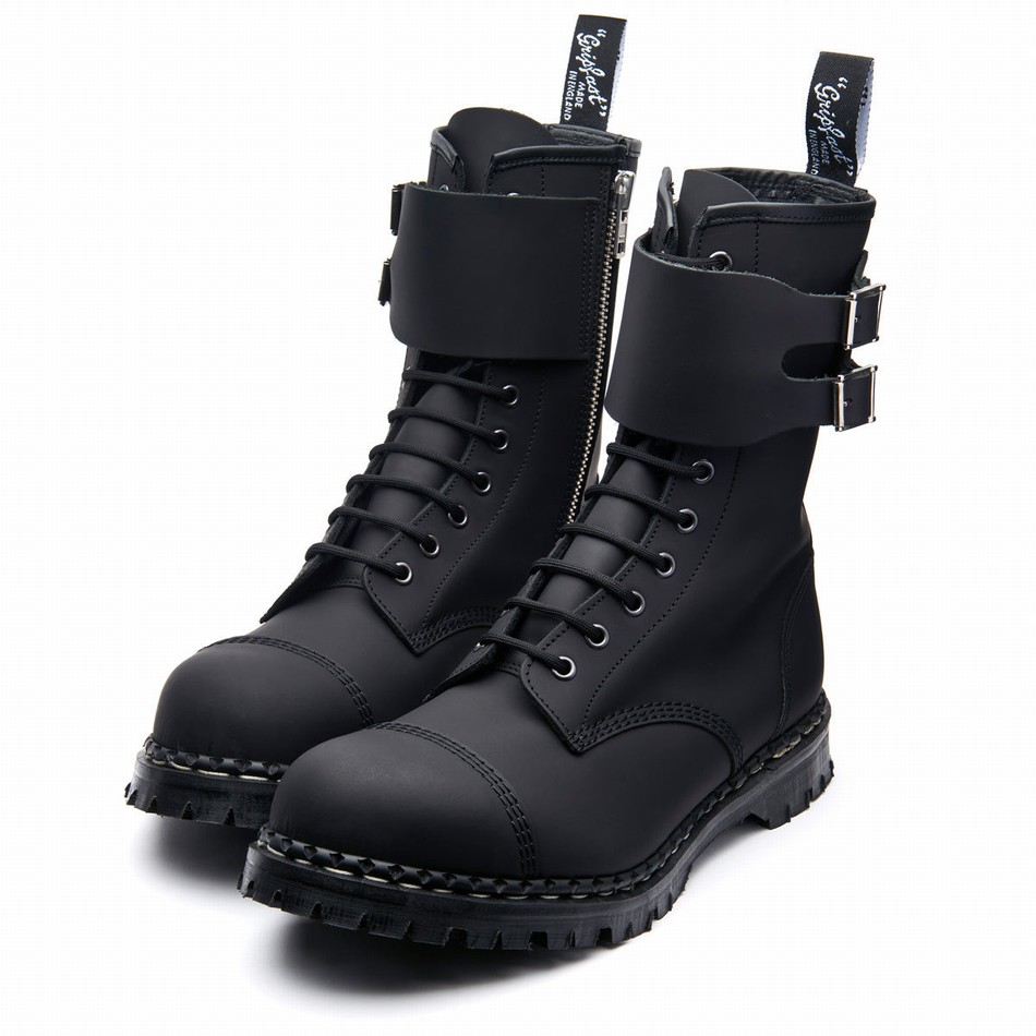 Solovair Greasy 10 Eye Steel Toe Capped Zip Twin Strap Derby Støvler Herre Sort | GF10-1982-BG-ZIP-045