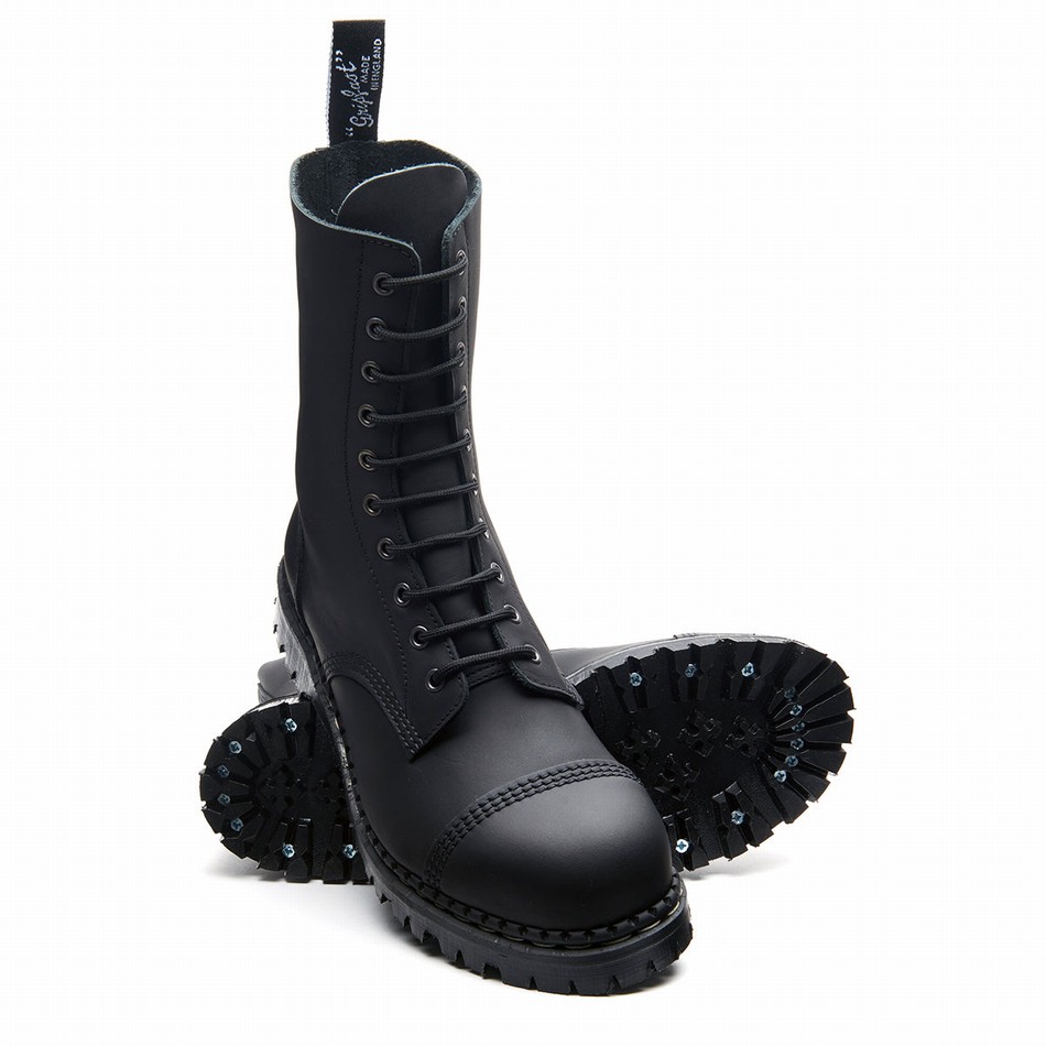 Solovair Greasy 10 Eye Steel Toe Capped Derby Støvler Dame Sort | GF10-1980-BG-040