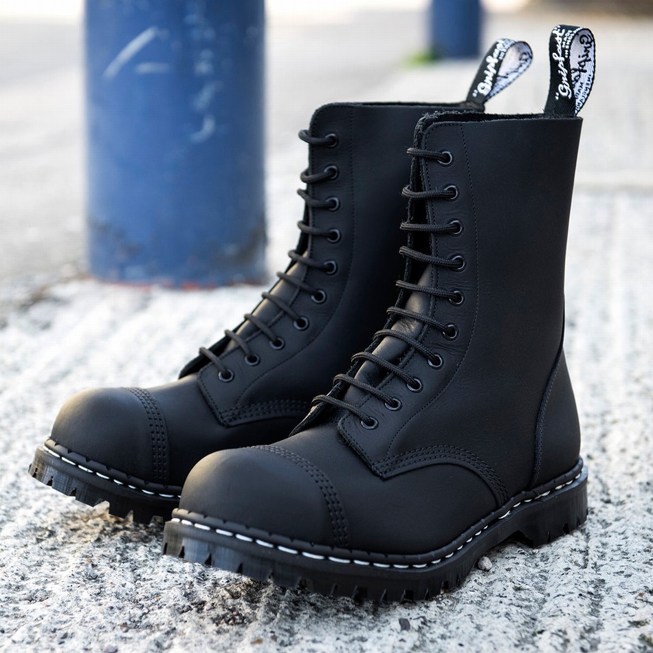 Solovair Greasy 10 Eye Steel Toe Capped Derby Støvler Dame Sort | GF10-1980-BG-040
