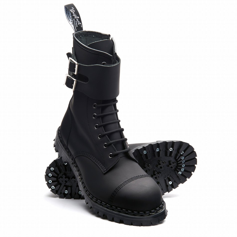 Solovair Greasy 10 Eye Steel Toe Capped Twin Strap Derby Støvler Herre Sort | GF10-1982-BG-040