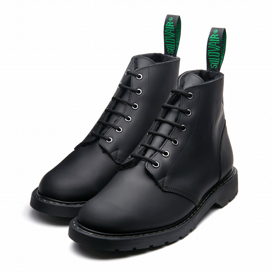 Solovair Greasy Shearling Lined 6 Eye Astronaut Støvler Dame Sort | LS6-969-BG-SHE-B-030