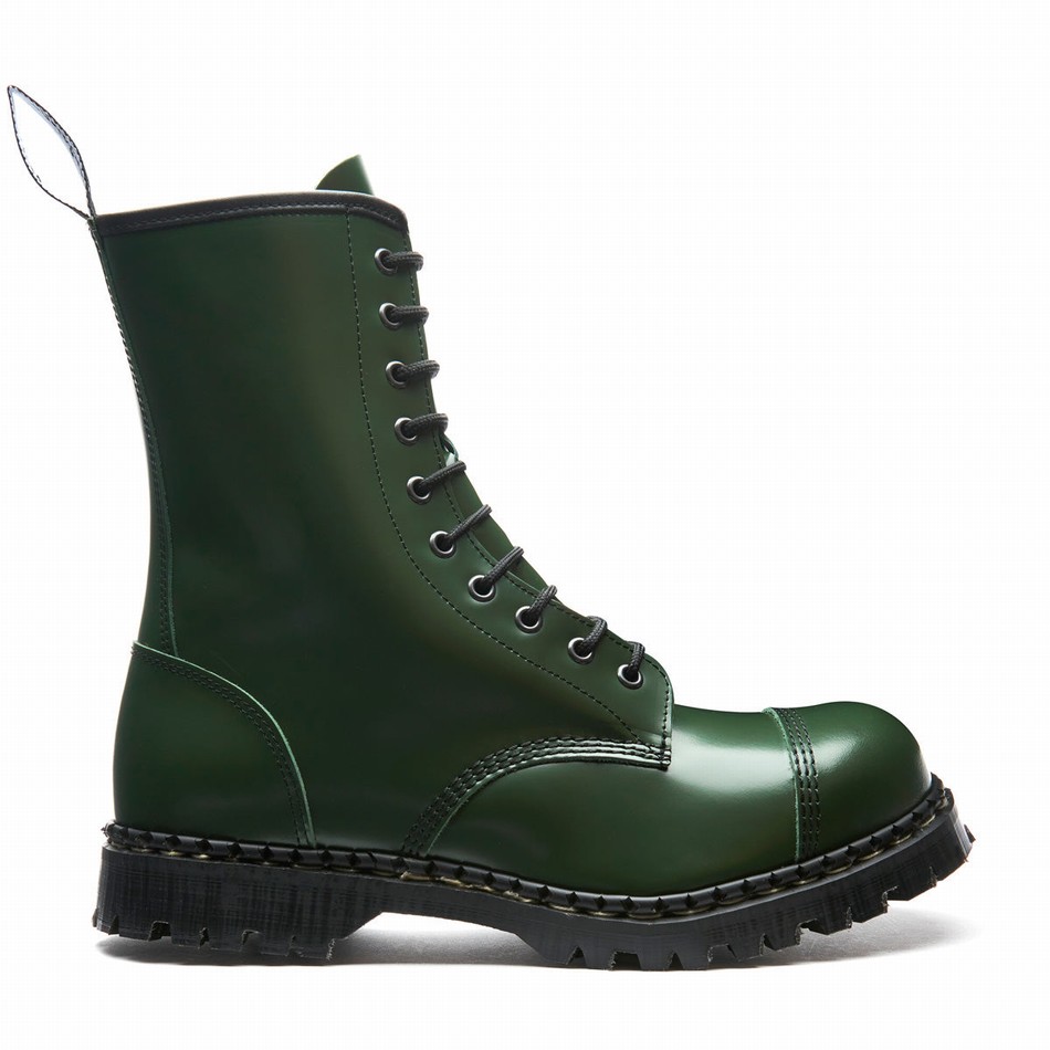 Solovair Hi-Shine 10 Eye Steel Toe Capped Zip Derby Støvler Herre Grøn | GF10-1980-GN-ZIP-035