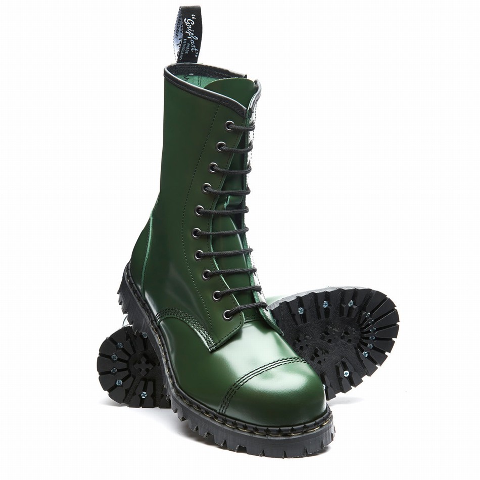 Solovair Hi-Shine 10 Eye Steel Toe Capped Zip Derby Støvler Herre Grøn | GF10-1980-GN-ZIP-035