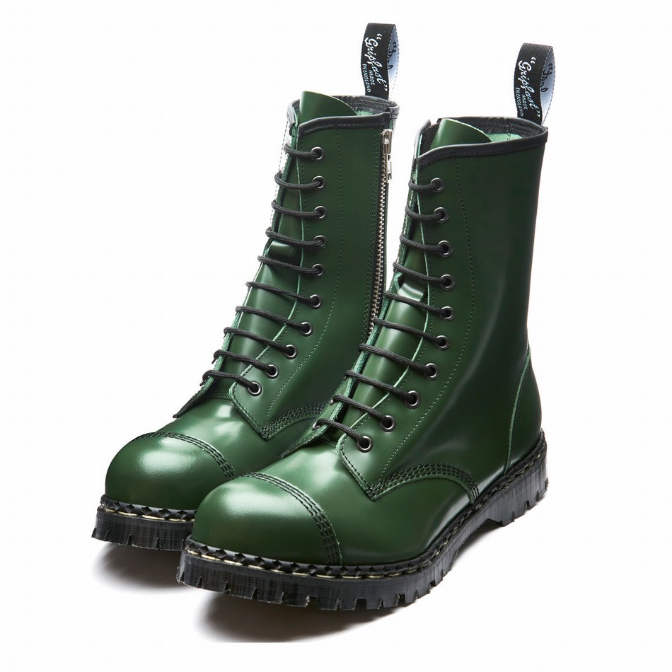 Solovair Hi-Shine 10 Eye Steel Toe Capped Zip Derby Støvler Herre Grøn | GF10-1980-GN-ZIP-035