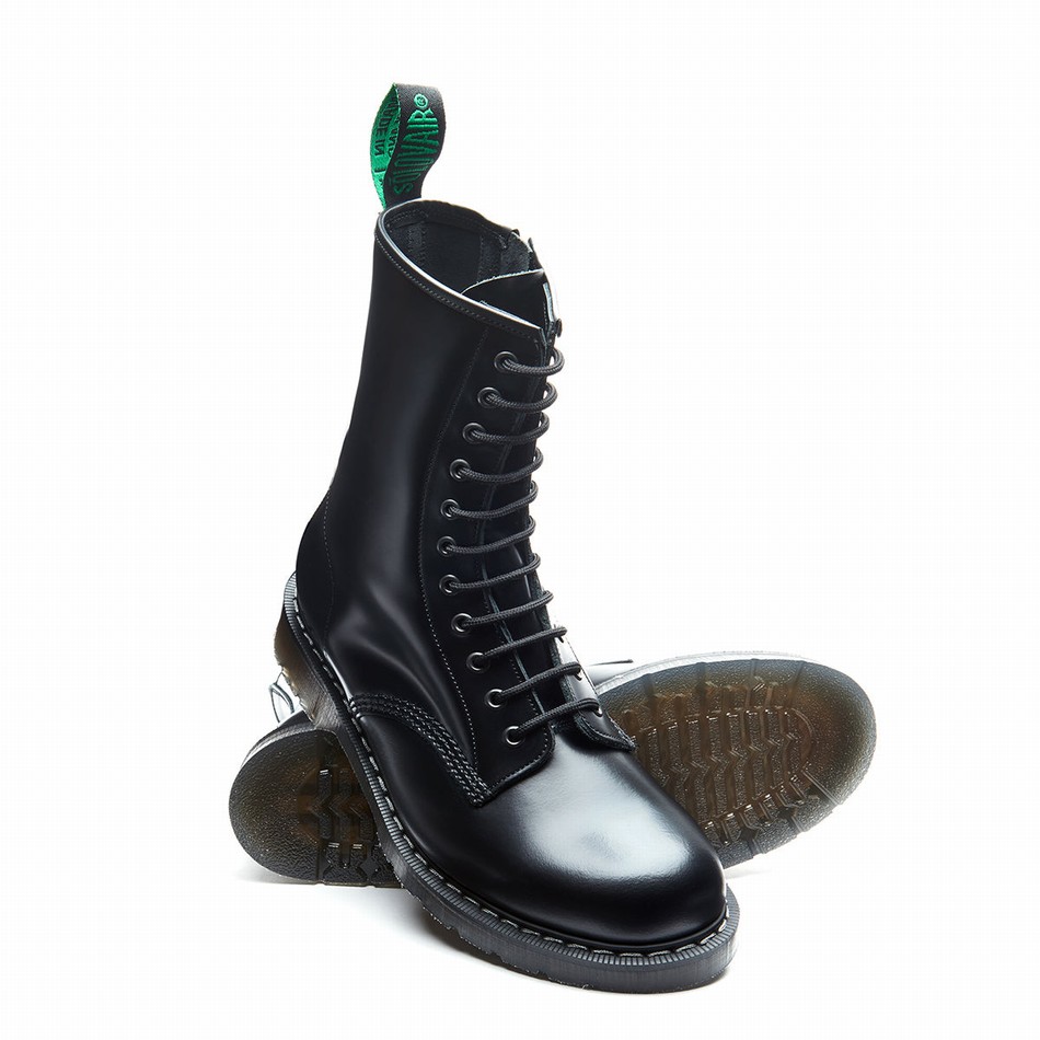 Solovair Hi-Shine 11 Eye Zip Derby Støvler Dame Sort | S11-981-BK-ZIP-G-030