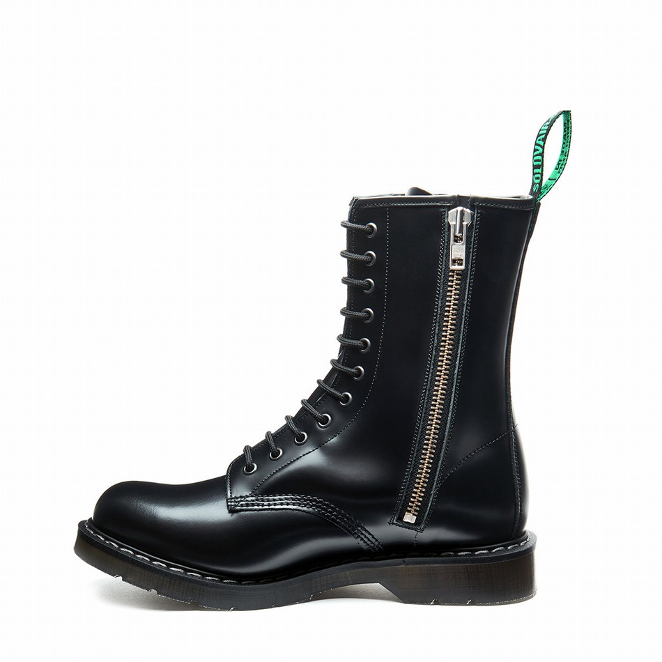 Solovair Hi-Shine 11 Eye Zip Derby Støvler Dame Sort | S11-981-BK-ZIP-G-030