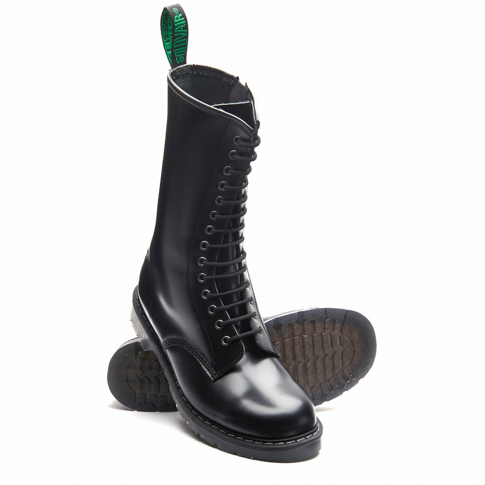 Solovair Hi-Shine 14 Eye Zip Derby Støvler Herre Sort | S14-14-BK-ZIP-G-030