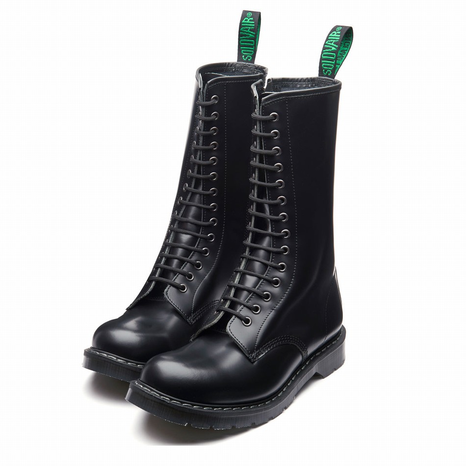 Solovair Hi-Shine 14 Eye Zip Derby Støvler Herre Sort | S14-14-BK-ZIP-G-030
