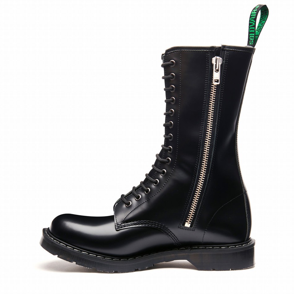Solovair Hi-Shine 14 Eye Zip Derby Støvler Herre Sort | S14-14-BK-ZIP-G-030