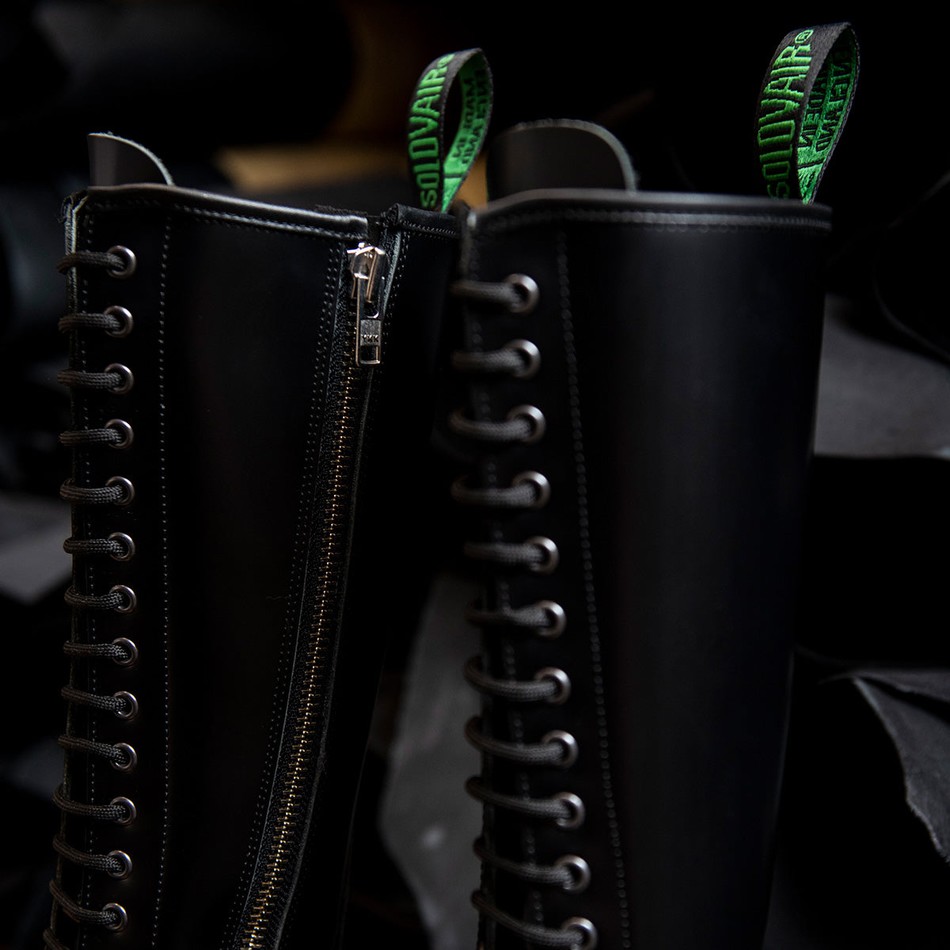 Solovair Hi-Shine 20 Eye Zip Derby Støvler Herre Sort | S20-20-BK-ZIP-G-030