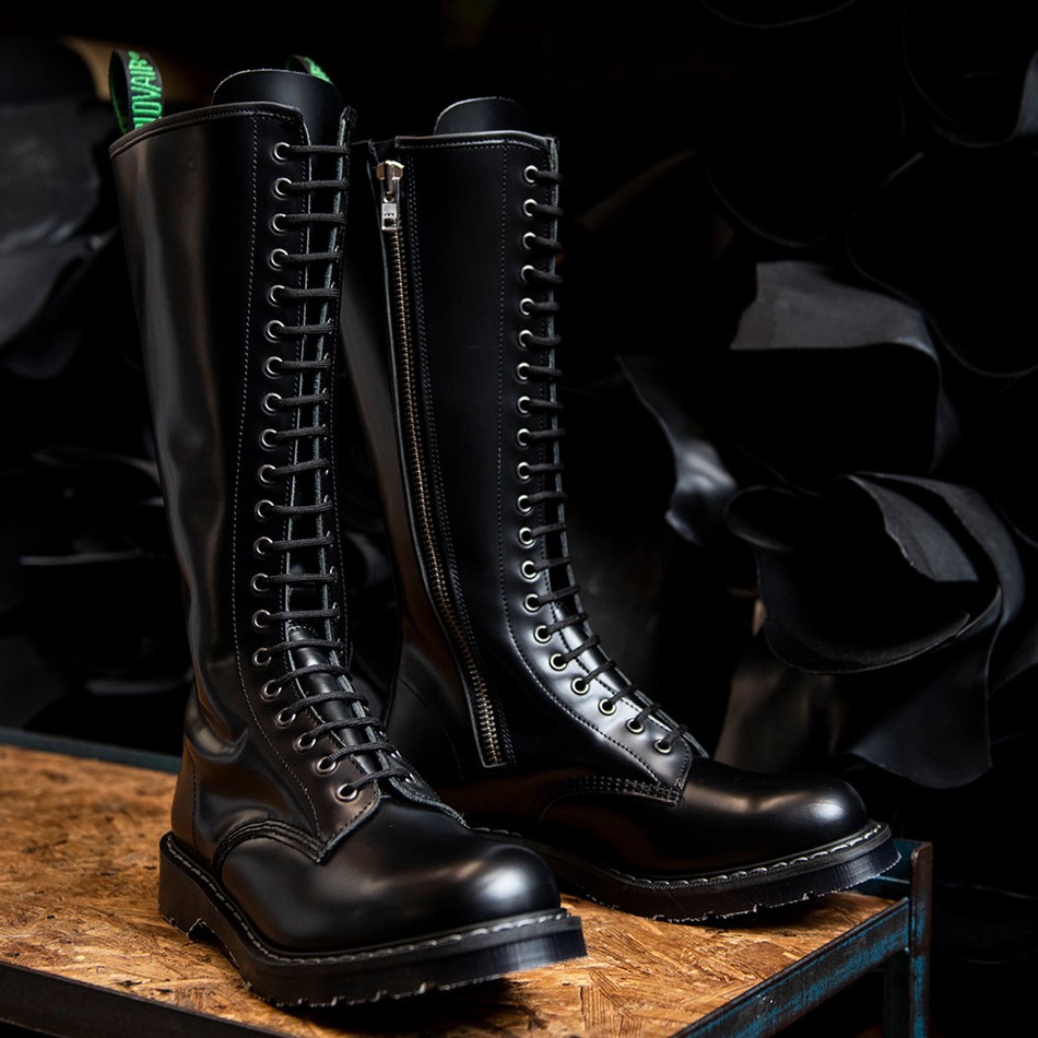 Solovair Hi-Shine 20 Eye Zip Derby Støvler Herre Sort | S20-20-BK-ZIP-G-030