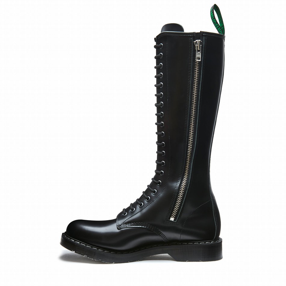 Solovair Hi-Shine 20 Eye Zip Derby Støvler Herre Sort | S20-20-BK-ZIP-G-030