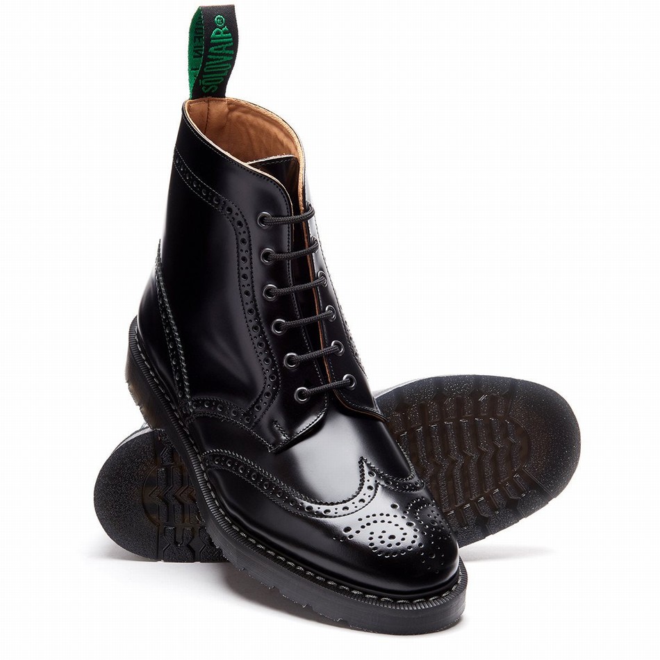 Solovair Hi-Shine 6 Eye Brogue Støvler Dame Sort | S6-019-BK-G-030