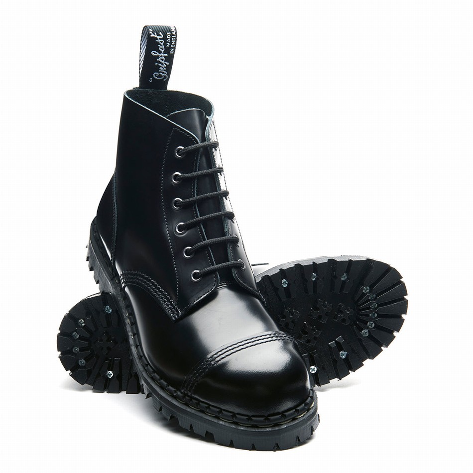 Solovair Hi-Shine 6 Eye Steel Toe Capped Derby Støvler Herre Sort | GF6-1710-BK-030