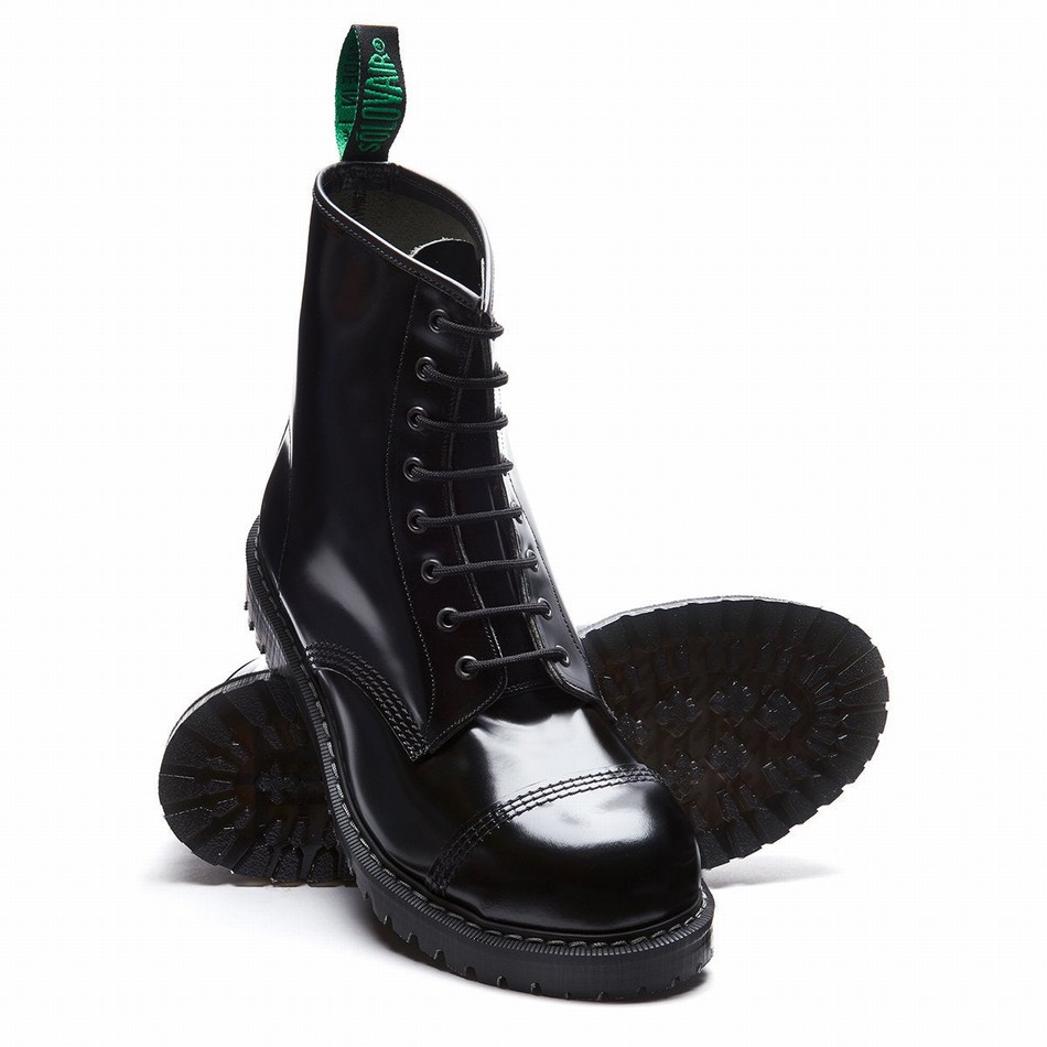 Solovair Hi-Shine 8 Eye Steel Toe Derby Støvler Herre Sort | SC8-1550-BK-G-070
