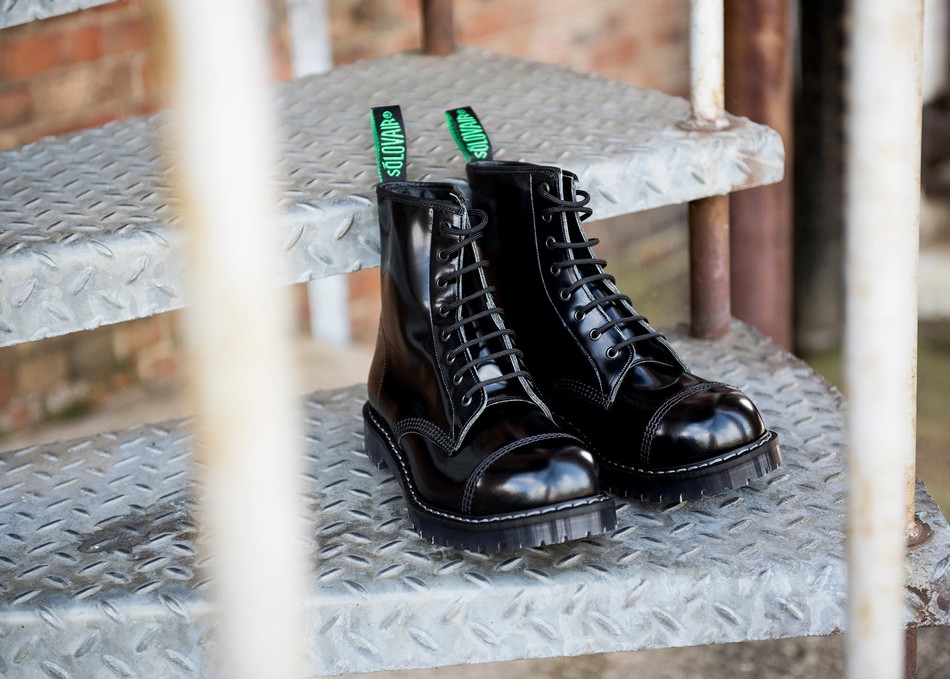 Solovair Hi-Shine 8 Eye Steel Toe Derby Støvler Herre Sort | SC8-1550-BK-G-070