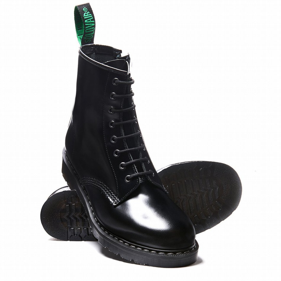 Solovair Hi-Shine 8 Eye Zip Derby Støvler Herre Sort | S8-551-BK-ZIP-G-040