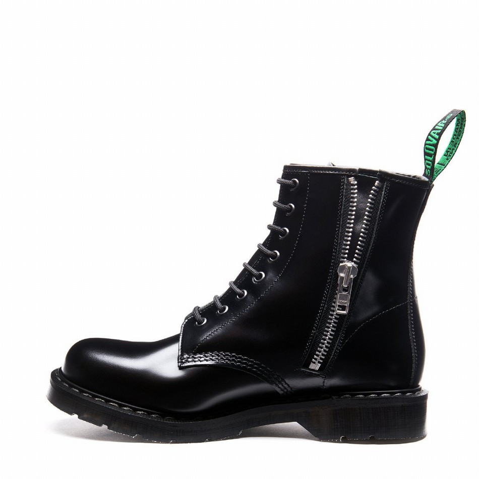 Solovair Hi-Shine 8 Eye Zip Derby Støvler Herre Sort | S8-551-BK-ZIP-G-040