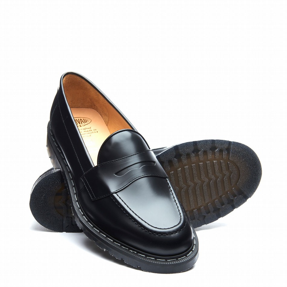 Solovair Hi-Shine Penny Loafers Dame Sort | S0-970-BK-G-030