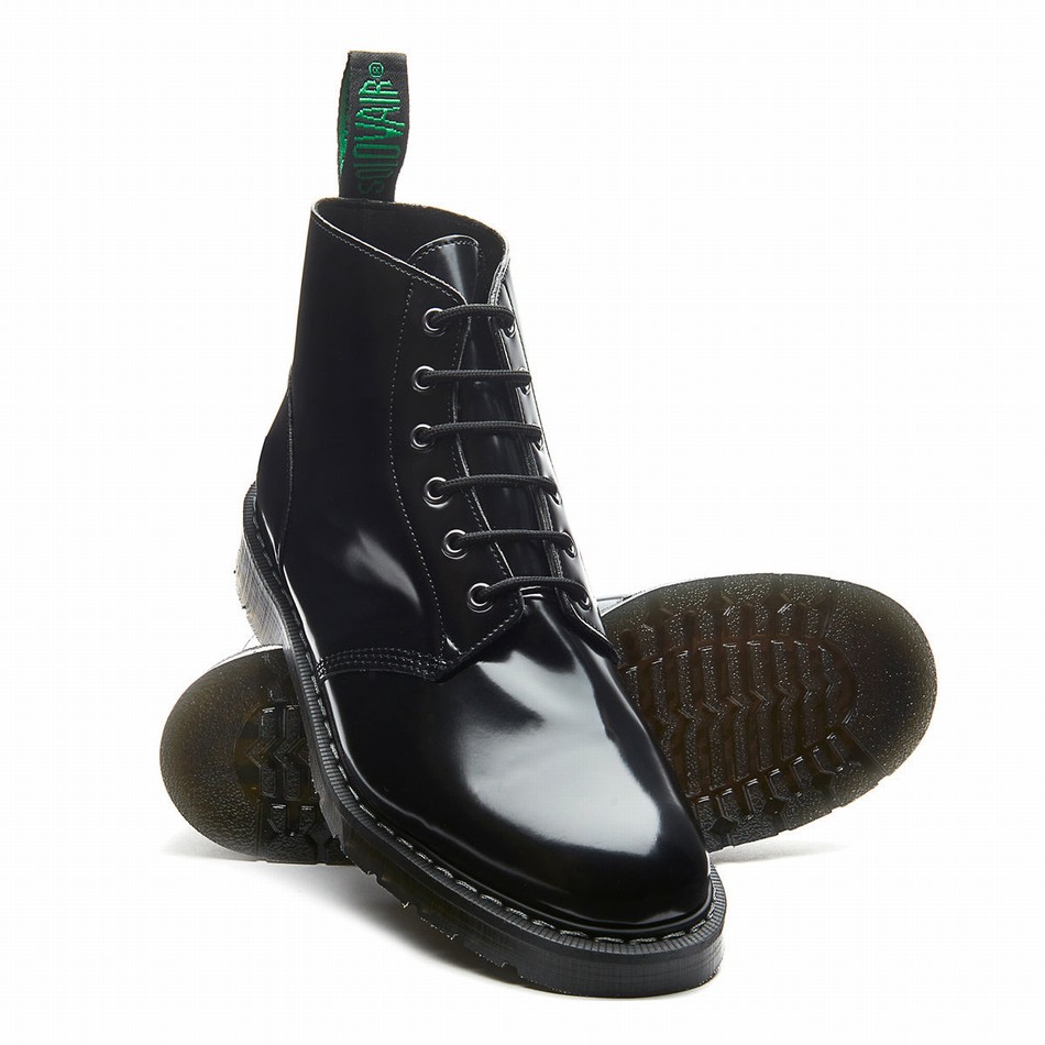Solovair Hi-Shine Vegan 6 Eye Astronaut Støvler Dame Sort | VS6-969-BK-VEG-G-030