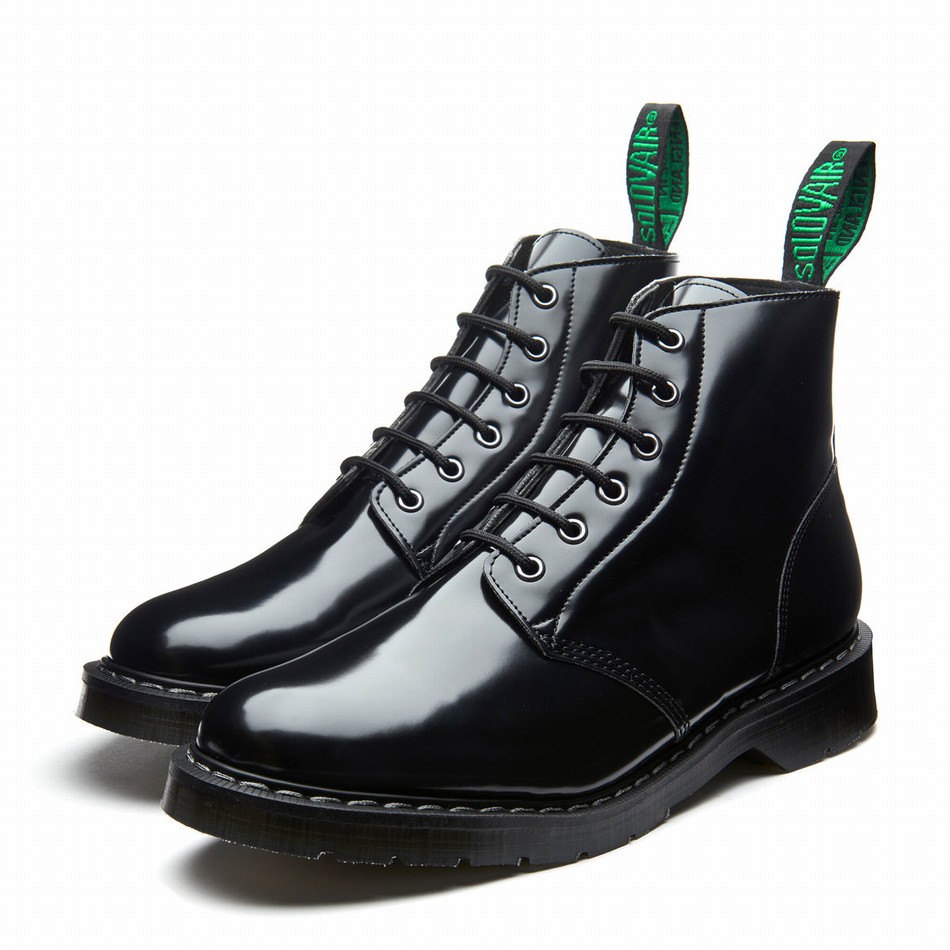 Solovair Hi-Shine Vegan 6 Eye Astronaut Støvler Dame Sort | VS6-969-BK-VEG-G-030