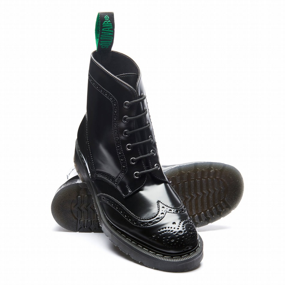 Solovair Hi-Shine Vegan 6 Eye Derby Brogue Støvler Dame Sort | VS6-019-BK-VEG-G-030