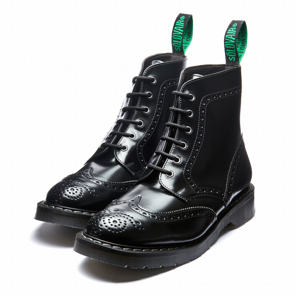 Solovair Hi-Shine Vegan 6 Eye Derby Brogue Støvler Dame Sort | VS6-019-BK-VEG-G-030