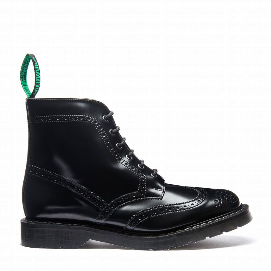 Solovair Hi-Shine Vegan 6 Eye Derby Brogue Støvler Dame Sort | VS6-019-BK-VEG-G-030