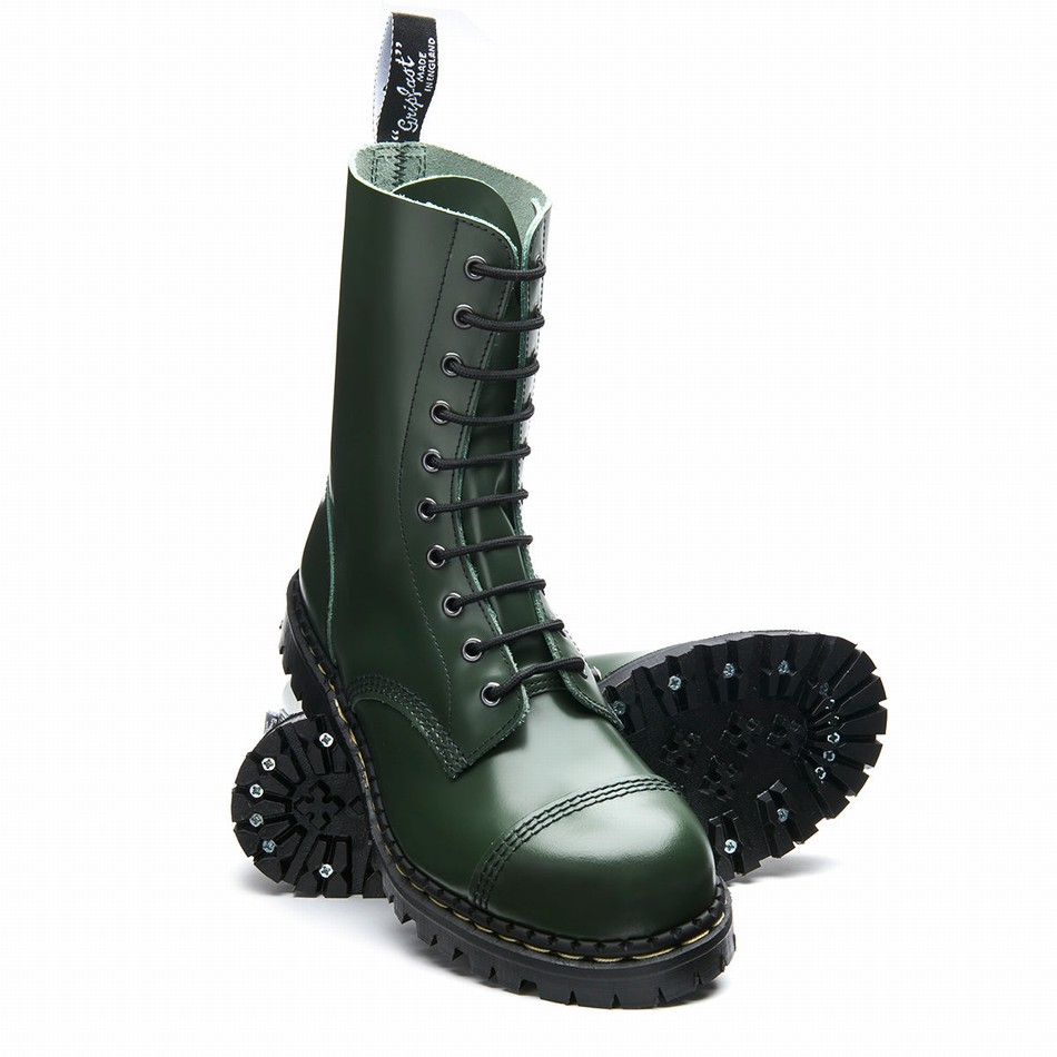 Solovair Hi Shine 10 Eye Steel Toe Capped Derby Støvler Dame Grøn | GF10-1980-GN-035