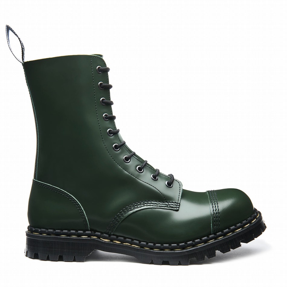 Solovair Hi Shine 10 Eye Steel Toe Capped Derby Støvler Dame Grøn | GF10-1980-GN-035