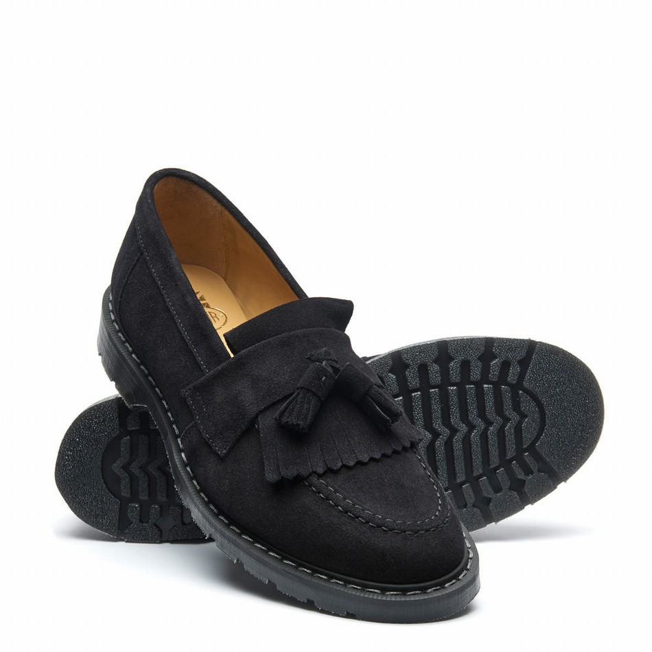 Solovair Suede Tassel Loafers Dame Sort | S0-1022-BK-SUE-G-040