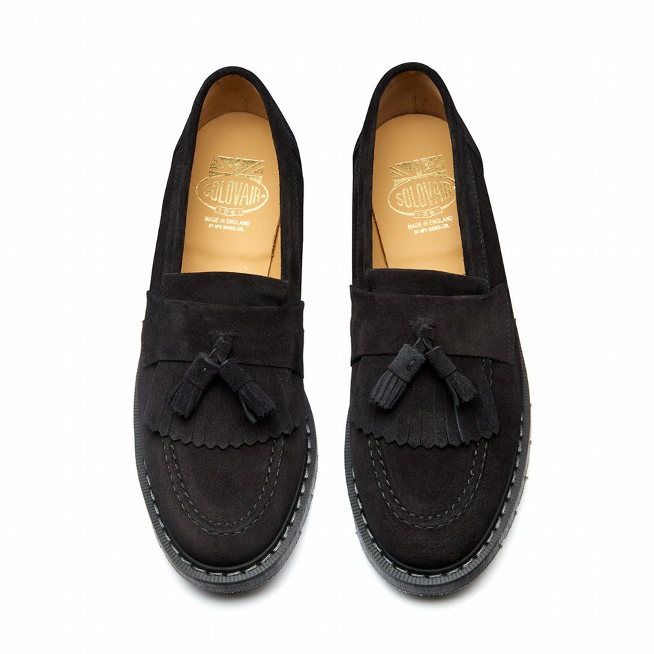 Solovair Suede Tassel Loafers Dame Sort | S0-1022-BK-SUE-G-040