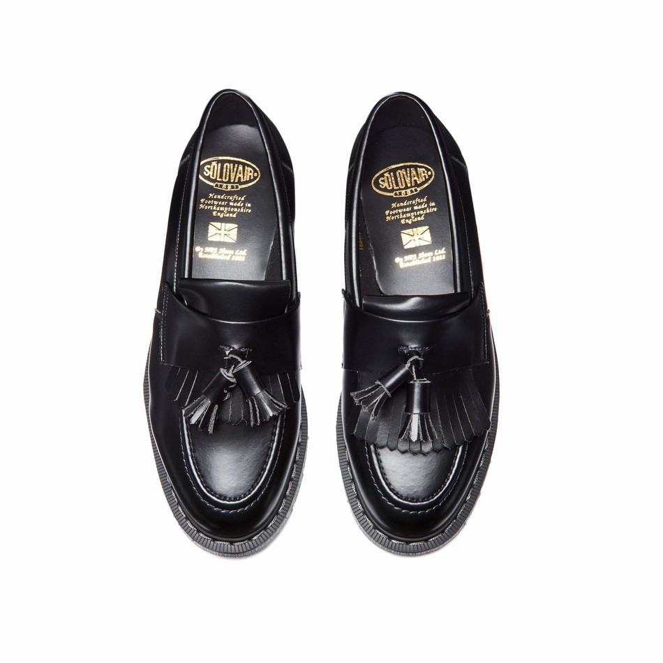 Solovair Vegan Hi-Shine Tassel Loafers Dame Sort | VS0-1022-BK-VEG-G-040